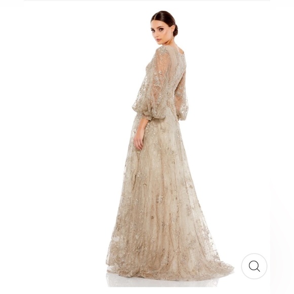 Mac Duggal EMBELLISHED PLUNGE NECK PUFF SLEEVE A LINE GOWN size 10 $798 Mocha - Picture 3 of 12